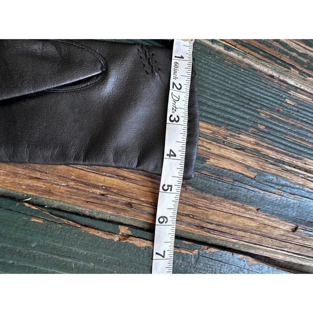 Vintage Dark Brown Leather Gloves Decorative Stitching Knit Lined Size 7.5-8.5
